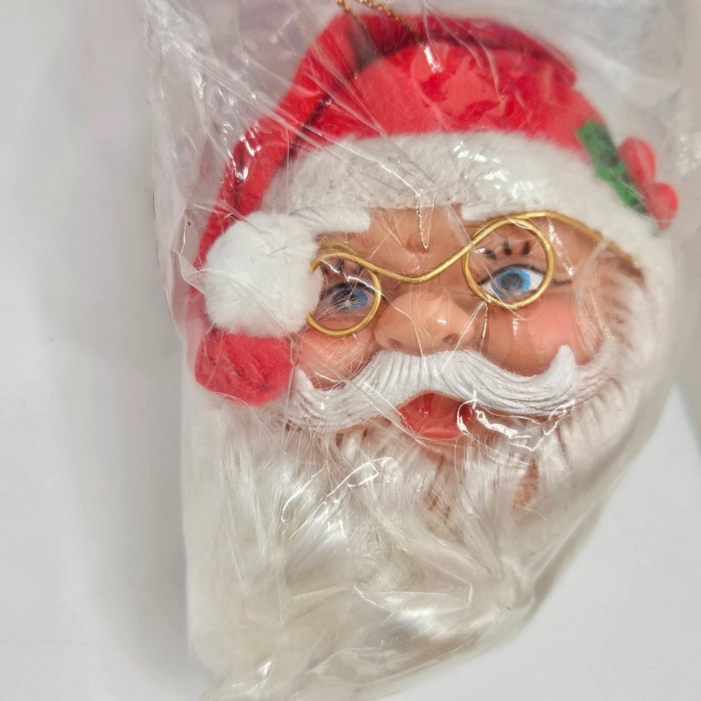 Vintage‎ Santa Claus Head Ornament Mask Christmas Joy Plastic Face w Glasses NOS